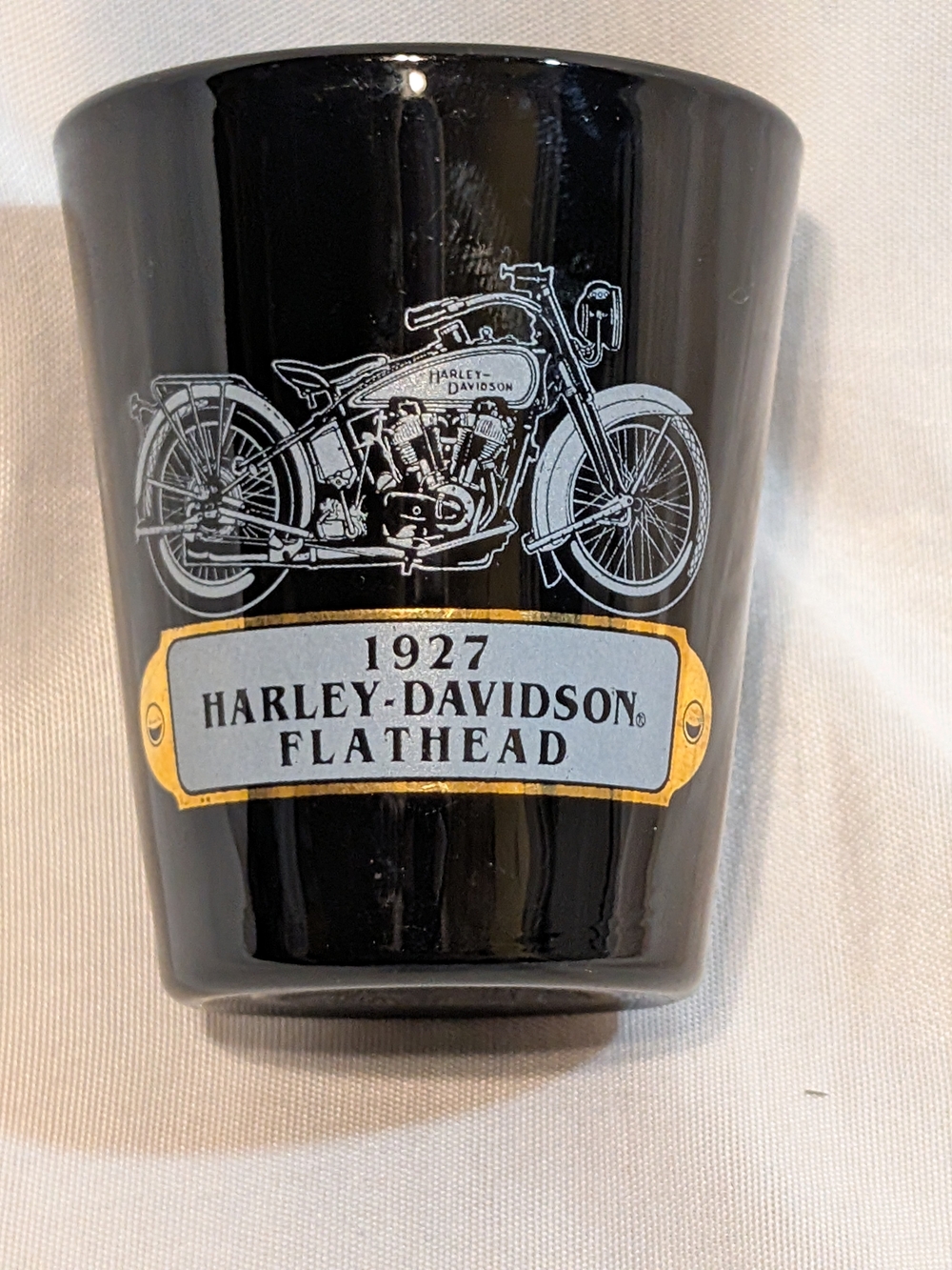 Harley-Davidson Black Shot Glass with Silver Motorcycle and Gold Accent